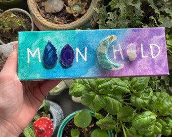 Jewelry Hanger Option Moon child canvas with acrylic paint, agate and quartz and handmade resin moon