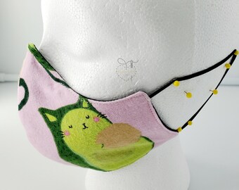 Face Mask | Washable I Reusable | Two 2 Layers | Reversible I Cotton | Cover | Elastic | Avocado | Cat I Avocato | Guac | Pink | Green