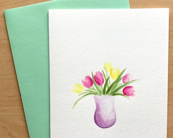 Hand painted Greeting Card, 5x7, Tulip Blank Card, Original Watercolor Cards, Handmade Card, Watercolor Tulip Card, Tulip Bouquet