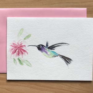 手描き水彩カード、オリジナル水彩カード、手描きカード、手作りカード、水彩鳥カード、水彩ハチドリ