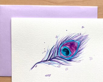 Hand painted Greeting Card, 5x7, Peacock Feather Card, Original Watercolor Cards, Handmade Card, Watercolor Peacock Feather, NOT PRINT