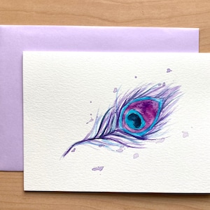 手描きのグリーティングカード、5x7、孔雀の羽のカード、オリジナルの水彩カード、手作りカード、水彩の孔雀の羽、印刷ではありません