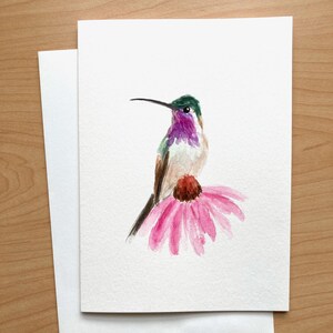 Cartão de beija-flor pintado à mão, cartões originais em aquarela, cartão pintado à mão, cartão feito à mão, cartão de pássaro em aquarela, cartão fofo de beija-flor