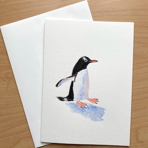 手描きのペンギンカード、オリジナル水彩カード、手描きカード、手作りカード、水彩ペンギン、かわいいペンギン