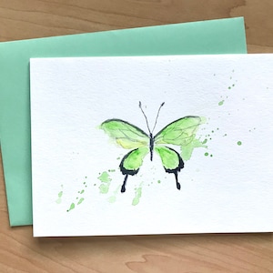 Tarjeta de felicitación pintada a mano, 5x7, Tarjeta en blanco de mariposa, Tarjetas de acuarela originales, Tarjeta hecha a mano, Tarjeta de mariposa de acuarela, Mariposa verde