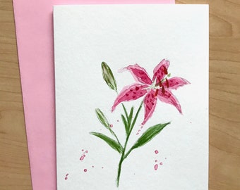 Hand painted Card, 5x7, Lilies Blank Card, Original Watercolor Cards, Handmade Card, Watercolor Lily Card