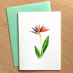 Cartão pintado à mão, Pássaro do Paraíso, Cartões originais em aquarela, Cartão floral feito à mão, Flor tropical em aquarela