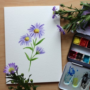 Cartão pintado à mão, 5"x7", Cartão Aster roxo, Cartões aquarela originais, Cartão feito à mão, Aster aquarela, Cartões Aster, Aquarela de flor roxa