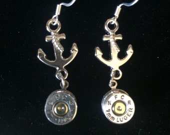 Bullet anchor silver earrings ammo jewelry gift nautical girl friend mom sister navy boat