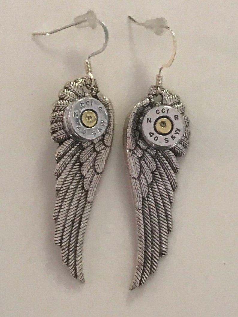 Bullet jewelry bullet earrings Harley wings Silvertone ammo gift for her image 4