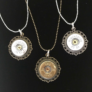 Shotgun shell necklace - 20 gauge shotgun shell - filagree round lace pendant - Winchester Remington