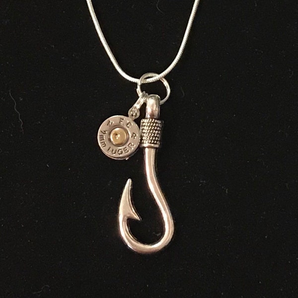 9mm bullet jewelry - fishing necklace - fishhook necklace - silver tone fishhook