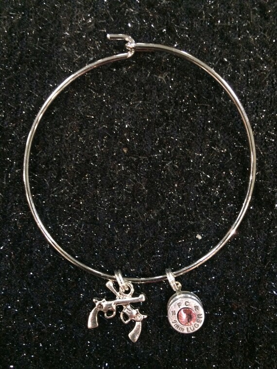 Bullet Bracelet 9mm Ammo Charm Bracelet Handgun Silver Tone Gun