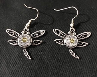 Dragonfly 9 mm bullet casing dangle earrings