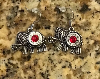 Elephant earrings, bullet earrings, silver tone Republican jewelry, Alabama Roll Tide fan jewelry, African elephant, shooting jewelry