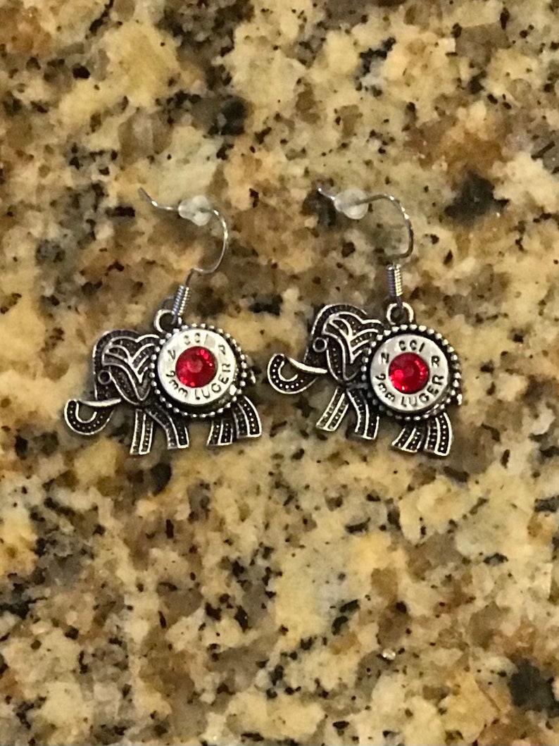 Elephant earrings, bullet earrings, silver tone Republican jewelry, Alabama Roll Tide fan jewelry, African elephant, shooting jewelry image 1