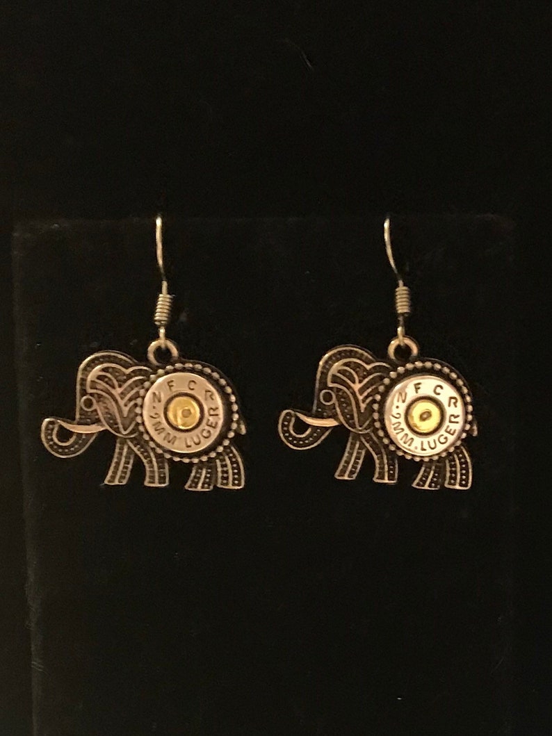 Elephant earrings, bullet earrings, silver tone Republican jewelry, Alabama Roll Tide fan jewelry, African elephant, shooting jewelry image 3