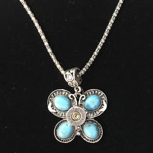 Butterfly bullet silver tone necklace 9 mm casing turquoise, black onyx, white turquoise. image 4