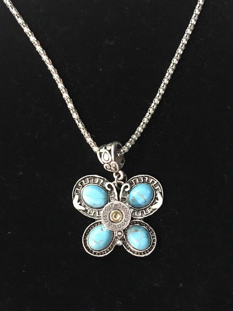 Butterfly bullet silver tone necklace 9 mm casing turquoise, black onyx, white turquoise. image 4