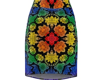 Rainbow Floral skull Mandala Pencil Skirt | Kaleidoscope Flower Pattern