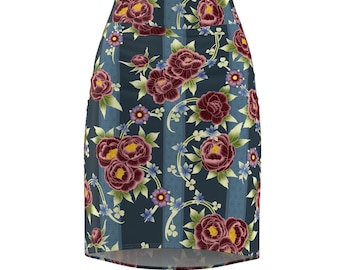 Vintage Rose Floral Pencil Skirt | Navy Striped Background