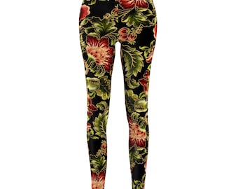 Leggings florales rojos, dorados y verdes / Diseño de mujer con corte y confección AOP