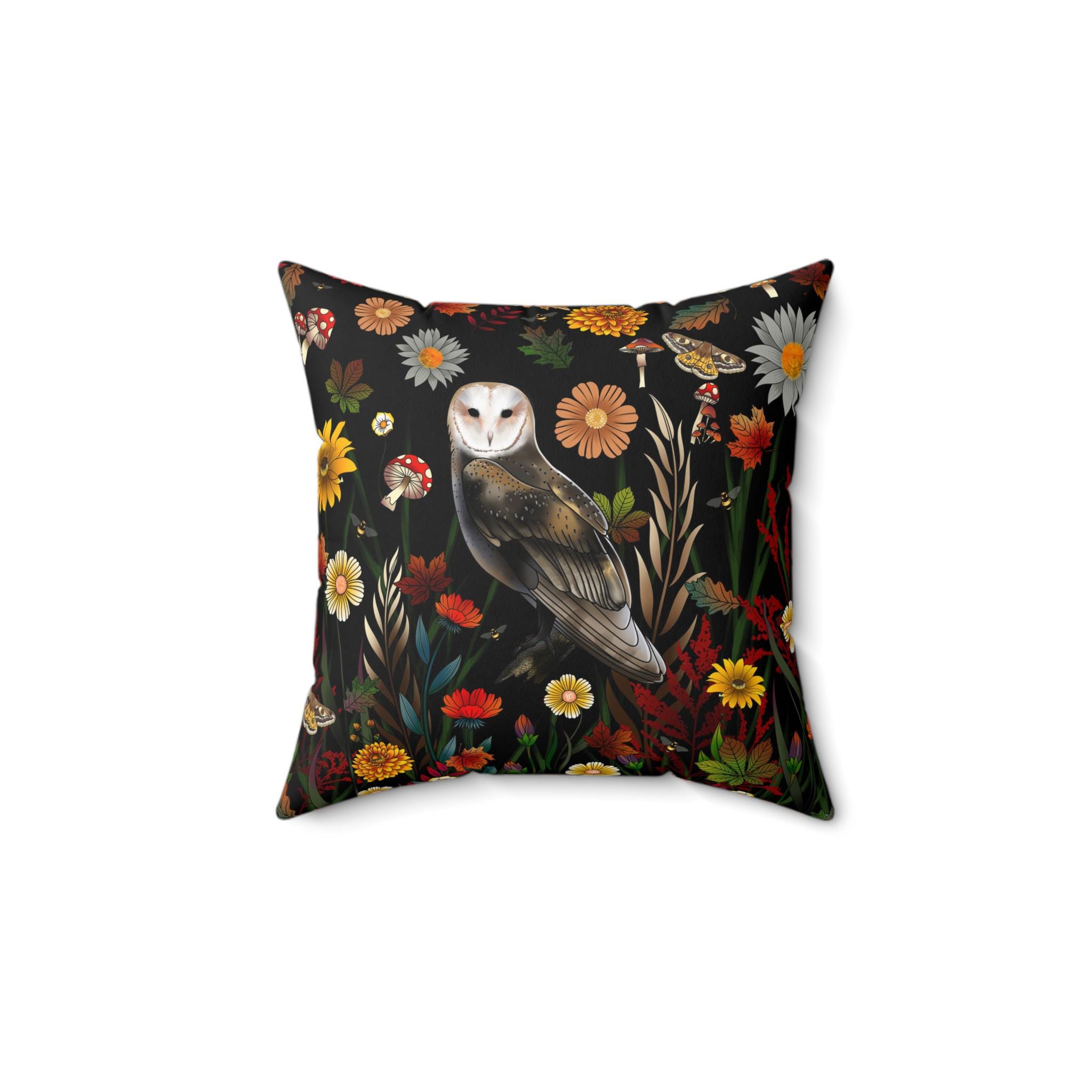 Barn Owl Floral autumn fall Pillow | Botanical Night Garden Throw Pillow