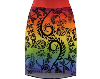 Rainbow Floral Vines Pencil Skirt | Gradient Botanical Print