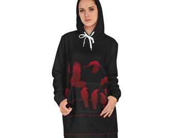 Vestido con capucha para mujer con estampado de bandada de cuervos (AOP)