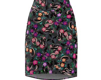 ボールパイソン柄の花柄ペンシルスカート｜ヘビと花柄の総柄プリント