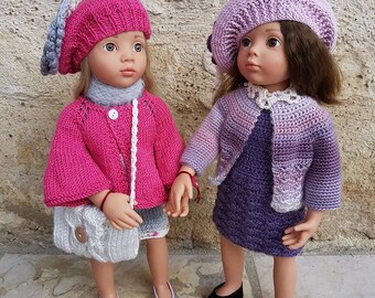 French tutorials of two crochet and knitting outfits for 50 cm dolls, Götz type