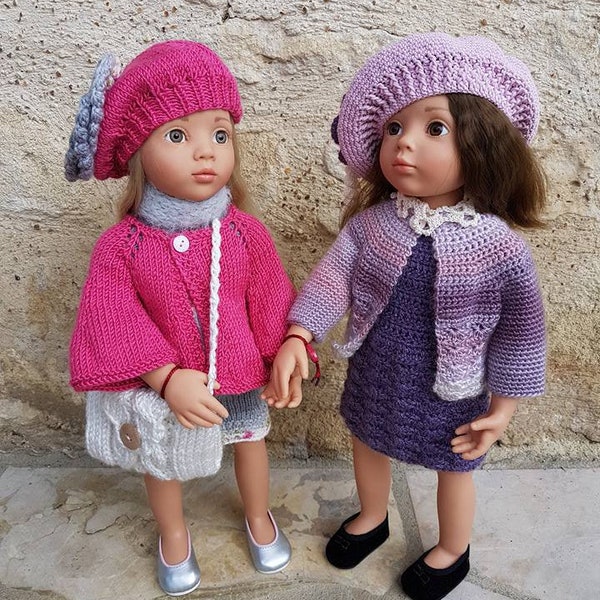 Tutoriels en français de deux tenues crochet et tricot pour poupées de 50 cm, type Götz