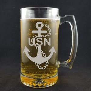 Etched U.S. Navy Beer Mug: Military Retirement Gift