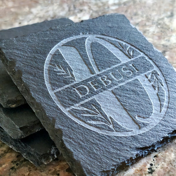 Monogram Slate Coasters, Sandblasted, Etched, Family Name, Natural Stone, Housewarming, Wedding, Anniversary, Drinkware, Barware, Houseware