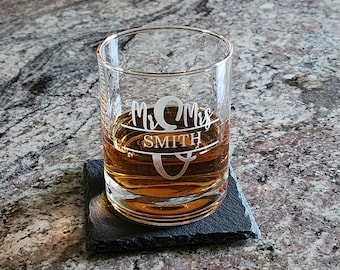 Whiskey Bourbon Glasses Set of 4, Sandblasted, Etched, Personalized Wedding Name Monogram, Housewarming, Wedding, Anniversary, Barware