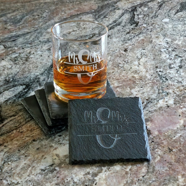 Wedding Slate Coasters, Sandblasted, Etched, Last Name, Natural Stone, Wedding, Anniversary, Housewarming, Drinkware, Barware, Houseware