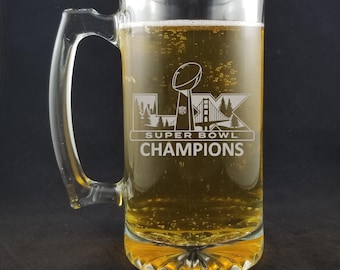Jarra de cerveza Seattle Seahawks LX Superbowl Champions 2026 - Vidrio grabado profundo