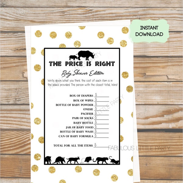 Safari The Price is Right Baby Shower Game Gold Safari Party / Jungle Animals Party/Black White and Gold Glitter Large Polka Dots Party Game