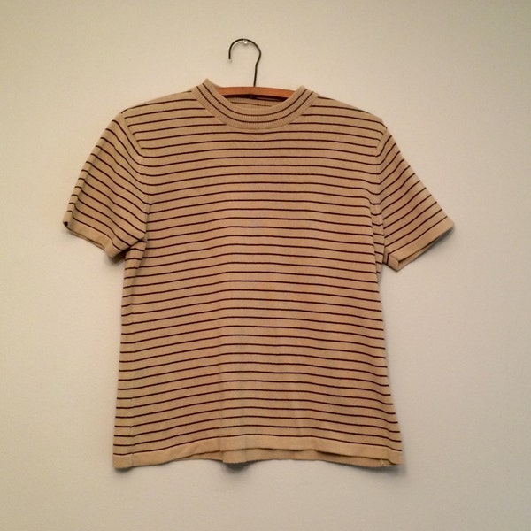 HALF OFF SALE / Vintage striped neutral boxy top 90s shirt womens blouse minimal simple basic boho top small medium 1990s
