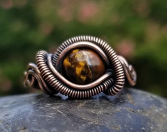 Fantasy Ring in Tigers Eye and Copper / Wire Wrapped Ring / Gemstone Lover Gift / Wire Wrapped Jewelry / Festival Jewelry / Copper Wire Ring