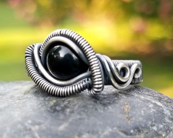 Fantasy Ring in Black Jasper and Sterling Silver / Wire Wrapped Ring / Gemstone Lover Gift / Wire Wrap / Festival Jewelry / Black Stone Ring