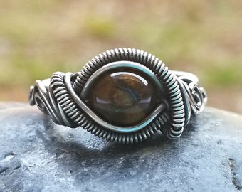 Fantasy Ring in Tigers Eye and Sterling Silver / Wire Wrapped Ring / Gemstone Lover Gift / Wire Wrap / Festival Jewelry / Wire Weave / Boho