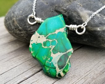 Green Imperial Jasper Sterling Silver Necklace / Boho Jewelry / Wire Wrapped Necklace / Hippie Pendant / Sister Gift / Gemstone Lover Gift