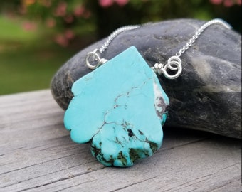 Turquoise Howlite Sterling Silver Wire Wrapped Necklace / Boho Jewelry / Hippie / Sister Gift / Blue Gemstone Lover Gift / Stone Slab Slice