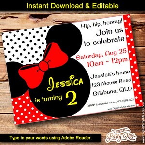 Inspired Minnie Mouse Invitation - EDITABLE & PRINTABLE - Do It Yourself - Instant Download - 5x7&quot;- by DigitalPartyKits
