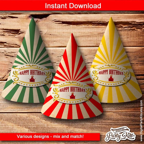 Vintage Circus Party Hats / Carnival Party Hats - PRINTABLE - Instant Download - by DigitalPartyKits