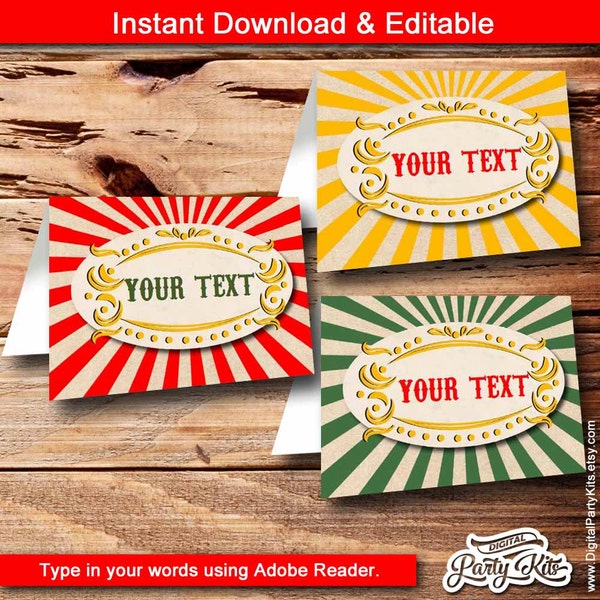 Vintage Circus Food Label / Carnival Food Labels / Circus Place Cards - EDITABLE & PRINTABLE - Instant Download - by DigitalPartyKits