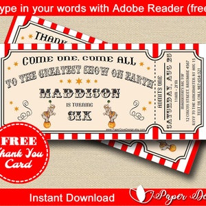 Circus Invitation | Ticket Invitation | Circus Thank You card  - You EDIT with Adobe Reader & PRINT- Instant Download-DIY- Paper Dove Design