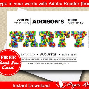Building Blocks Invitation 5x7" | Thank you card  -You EDIT with Adobe Reader & PRINT- Instant Download- DIY- Paper Dove Design