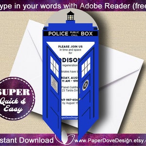 Dr Who Invitation 5x7" | Dr Who Party   -You EDIT with Adobe Reader & PRINT-Instant Download-DIY-Paper Dove Design